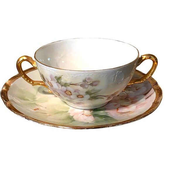 Antique Hand-Painted Tea Cup Saucer & Plate Limoges Signed Floral Gold Trim More - Picture 11 of 16